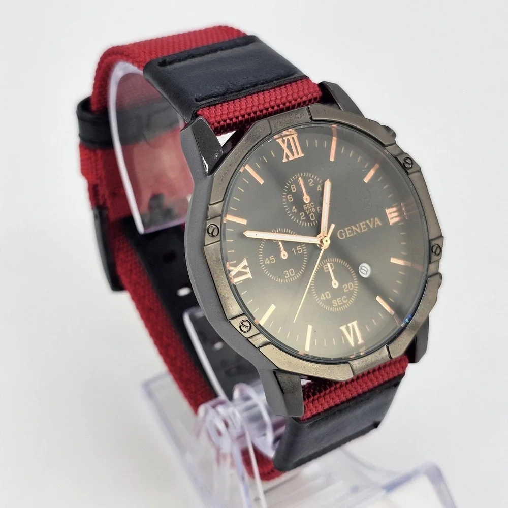 Men's Watch 42MM Black Dial Date Black Red Canvas Band‎ Straps New Battery